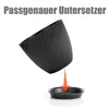 A black plant pot is shown being placed onto a matching black saucer, with an orange arrow indicating the direction of placement. Text above the pot reads 'Passgenauer Untersetzer'. Produktbild-Vorschau