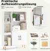 A white bookshelf with various items displayed on its shelves, along with inset images showcasing decorative items, books, plants, and storage boxes. Voir les images du produit
