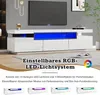 A modern white TV stand with blue LED lighting, displayed in a living room setting with a TV on top. Produktbild-Vorschau
