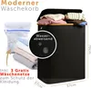 A black laundry basket filled with clothes, with a mesh laundry bag and folded clothes next to it. Text overlays highlight features and included items. Produktbild-Vorschau