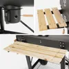 Collage of close-up shots of a black charcoal smoker grill, showing its ash catcher, wooden side shelves, and a wire rack underneath. Produktbild-Vorschau