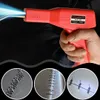 A hand holding a red plastic welding gun with a blue light emitting from the nozzle, accompanied by three close-up circular insets showing different stages of plastic welding. Produktbild-Vorschau