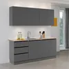 A modern kitchen unit with grey cabinets and a wooden countertop. Náhľad obrázku produktu