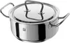 A stainless steel pot with a lid and two handles. Produktbild-Vorschau