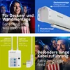 Collage of images showing a projector screen's mounting options, control box, and people enjoying a movie. Produktbild-Vorschau