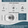 An instructional diagram showing how to measure a toilet bowl to determine if a toilet seat will fit, with different toilet shapes and measurement labels. Produktbild-Vorschau