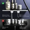 A split image showing two different shower shelf designs, one with a green checkmark indicating it's good, and the other with a red X indicating it's bad. The top section shows a chrome shower system with a spacious shelf holding various bottles. The botto Podgląd zdjęcia produktu