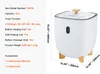 A white towel warmer with wooden legs and a wooden lid handle, shown next to a product specification list. Náhled obrázku produktu
