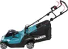 A teal and black Makita cordless lawnmower is shown against a white background. Produktbild-Vorschau