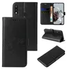 A collage of images showing a black flip phone case with floral and butterfly embossing, a phone inside the case, and the case in a stand position. Produktbild-Vorschau