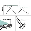 Collage of images showing an ironing board with dimensions and close-ups of its features. Produktbild-Vorschau