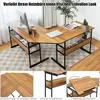 A collage of images showing an L-shaped desk with various close-ups highlighting its features. Produktbild-Vorschau