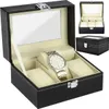 A black watch organizer box with a watch inside, shown open. Náhľad obrázku produktu