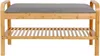 A wooden bench with a grey cushioned seat and a slatted shelf underneath. Produktbild-Vorschau