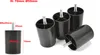 A group of black plastic furniture feet with metal threaded bolts are shown on a white background. A diagram on the left shows the dimensions of one of the feet. Produktbild-Vorschau