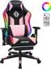 A pink and black gaming chair with LED lights and a remote control. Podgląd zdjęcia produktu