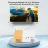 A mini projector is shown with a projected image of a parrot, along with diagrams indicating playback size and distance. Produktbild-Vorschau