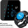A smartwatch and a keypad are shown, with text indicating NFC access control unlocking. Náhled obrázku produktu