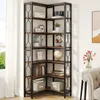 A corner bookshelf filled with decorative items and books, placed near a window with curtains. Náhled obrázku produktu