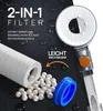 A close-up of a shower head filter system with text overlays and water droplets. Produktbild-Vorschau