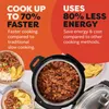 A marketing image for a multi-cooker, showing food and highlighting features like faster cooking and energy efficiency. Anteprima dell’immagine prodotto