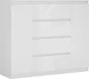 A white, glossy chest of drawers with two doors on the left and four drawers on the right, shown from a slightly angled front view against a white background. Voir les images du produit