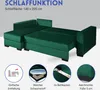 A green sectional sofa is shown in an open configuration, highlighting its sleeping function and storage compartments. Several circular diagrams below illustrate features like easy unfolding, soft foam, storage boxes, and feet. Produktbild-Vorschau
