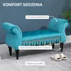 A turquoise upholstered bench with decorative tassels and black legs, shown in a room setting with slippers nearby. Produktbild-Vorschau