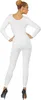 A woman wearing a white full-body suit and black high heels, posing with her back to the camera. Produktbild-Vorschau