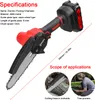 A mini electric chainsaw with specifications and application examples shown. Produktbild-Vorschau