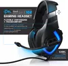 A close-up marketing image of a black gaming headset with blue LED accents, highlighting its features with text overlays and diagrams. Náhled obrázku produktu