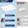 A split image comparing a memory foam pillow with its features to other pillows and their drawbacks. Produktbild-Vorschau