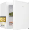 A white Exquisit mini-fridge with its door slightly ajar, revealing a shelf with peas and a container. Produktbild-Vorschau