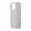 A close-up side view of a pink and white striped iPhone case with a repeating Guess logo pattern. Podgląd zdjęcia produktu