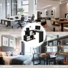 A collage of four different room settings showcasing furniture, including an office, living room, bedroom, and study. Produktbild-Vorschau
