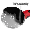 Close-up of an angle grinder with a diamond cutting disc, showing a protective guard and a feature callout. Produktbild-Vorschau