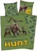 A collection of Jurassic World themed bedding items, including pillowcases and a duvet cover, featuring various dinosaurs and the Jurassic World logo. Produktbild-Vorschau