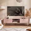 A modern living room with a pink TV stand and a large television. Produktbild-Vorschau