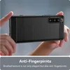 Hands holding a black phone case with a brushed texture, showcasing its anti-fingerprint feature. Podgląd zdjęcia produktu