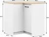 A white corner kitchen base cabinet with a wooden countertop, shown with dimensions indicated. Náhľad obrázku produktu