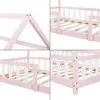 A collage of four close-up images showing details of a pink and white house-shaped children's bed frame. Anteprima dell’immagine prodotto