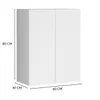 A white modern bathroom cabinet with two doors, shown from the front and side, with dimensions indicated. Produktbild-Vorschau