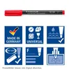 A red Staedtler Lumocolor permanent marker with various product information icons below. Produktbild-Vorschau