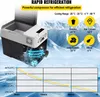 A portable refrigerator with a graph showing its cooling performance over time, surrounded by a snowy mountain background. Produktbild-Vorschau