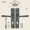 A product image showcasing door handles and their accessories against a light beige background with graphic elements. Produktbild-Vorschau