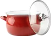 A red enamel pot with a glass lid is shown against a white background. Podgląd zdjęcia produktu