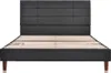 A dark gray upholstered bed frame with a slatted mattress support and wooden legs, shown against a white background. Produktbild-Vorschau