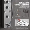 A close-up of a stainless steel shower panel with water droplets, highlighting its features with text overlays. Náhľad obrázku produktu