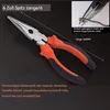 A pair of long-nose pliers with orange and black handles is shown against a dark background. An inset image shows the pliers gripping a bent wire. Produktbild-Vorschau