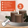 Three brown LED candles on a gray concrete base, with a remote control in the foreground and some green leaves. Anteprima dell’immagine prodotto